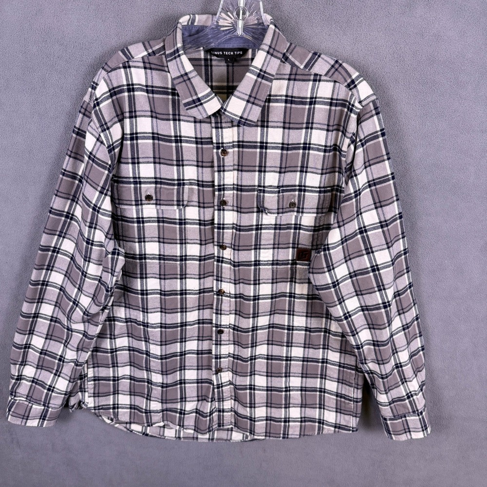Linus Tech Tips Flannel Shirt Mens Large Gray Plaid Button Up LTT Merch Techie‎